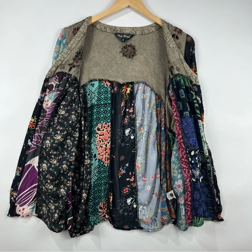 Boho Patchwork Button Down Blouse M | Embroidered Flowy Layering Top - Picture 5 of 11